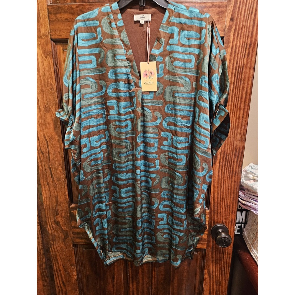Entro Silky Batwing Bohemian Midi Dress Green Brown Abstract D21082 Size S/M